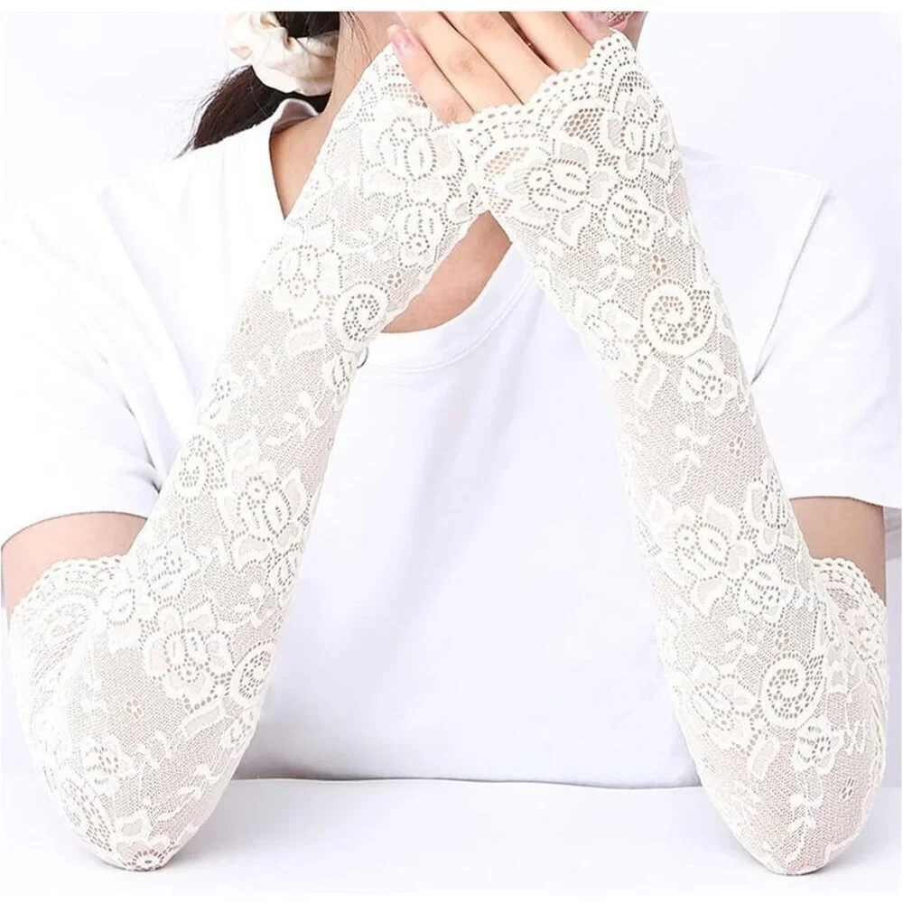 Women's 1 White Fingerless Lace Arm Sleeves Gloves Wedding Dress Party Prom